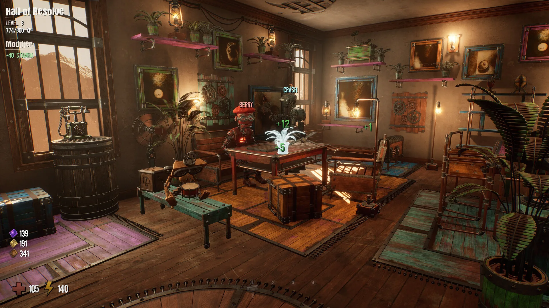 A furnished Outpost room with several wooden Vessels in GRAIN ROT